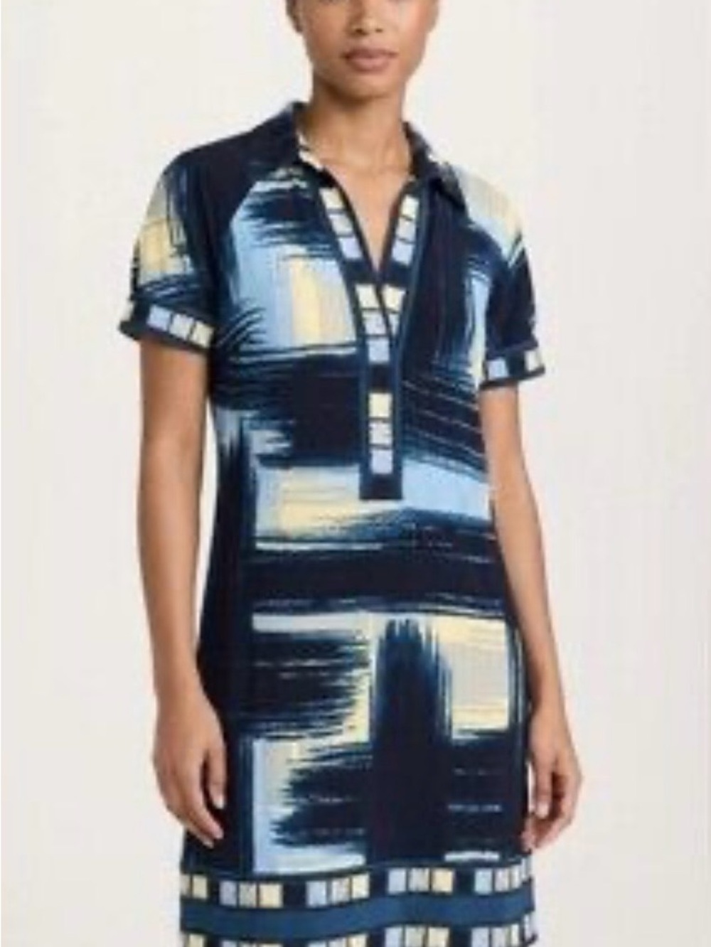 BCBGMaxAzria Navy, Light Blue & Cream Brushstroke Polo Dress